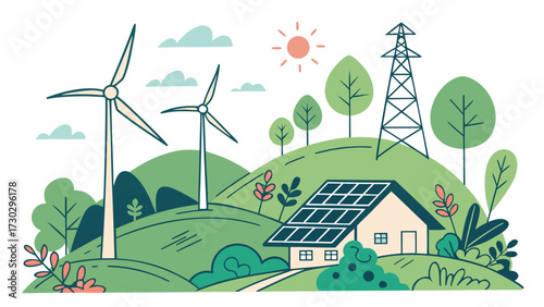 "Renewable Energy Landscape with Solar Panels and Wind Turbines"