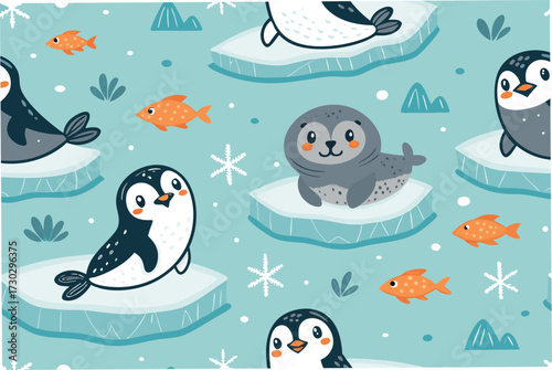 Cute arctic animals on ice floes with orange fish swimming.