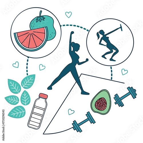 "Healthy Lifestyle and Fitness Illustration with Fruits and Exercise"