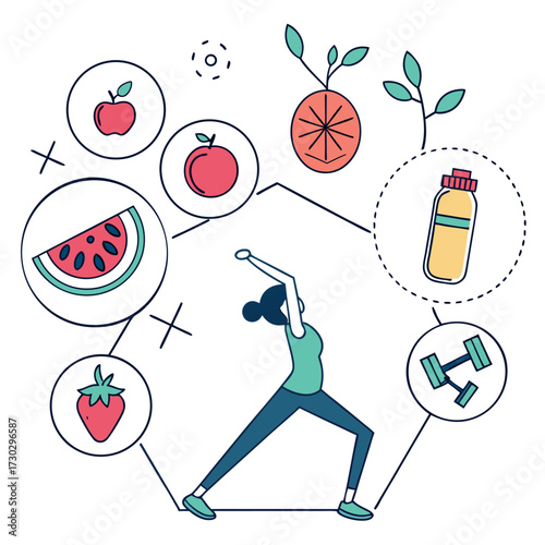 "Healthy Lifestyle and Fitness Illustration with Fruits and Exercise"