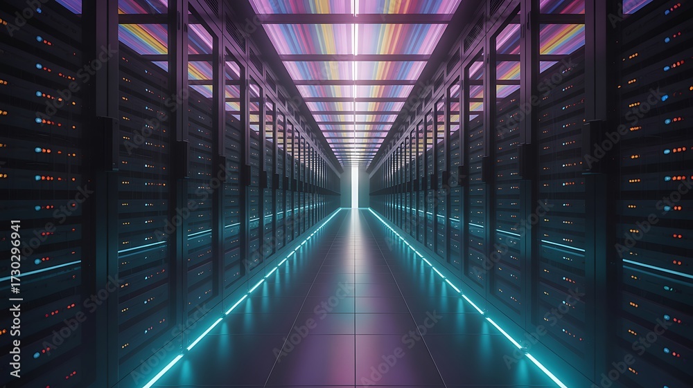 Fototapeta premium Futuristic Server Room with Neon Lighting data center