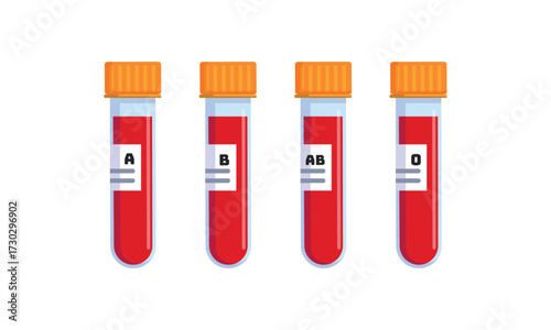 Medical test tubes with blood sample A, B, AB, O type vector illustration isolated on white bacground. Laboratory research concept for biochemistry and viruses. Blood donation icon set.