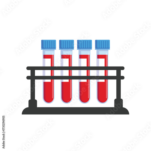 Medical test tubes with blood sample vector illustration isolated on white background. Laboratory research concept for biochemistry and viruses. Blood test tube with label. 