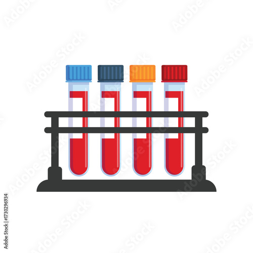 Medical test tubes with blood sample vector illustration isolated on white background. Laboratory research concept for biochemistry and viruses. Blood test tube with label. 