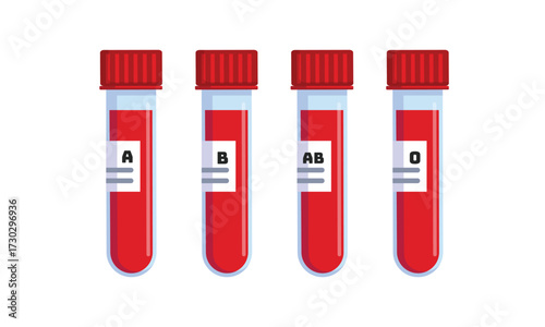 Medical test tubes with blood sample A, B, AB, O type vector illustration isolated on white bacground. Laboratory research concept for biochemistry and viruses. Blood donation icon. flask icon.