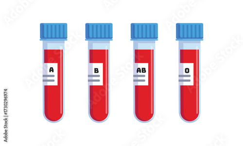 Medical test tubes with blood sample A, B, AB, O type vector illustration isolated on white bacground. Laboratory research concept for biochemistry and viruses. Blood donation icon.