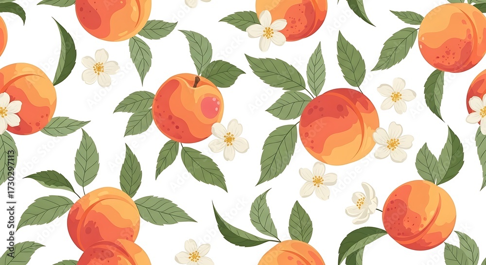 Peach Fruit Pattern with Flowers and Leaves. Peach Fruit Pattern with Flowers and Leaves.