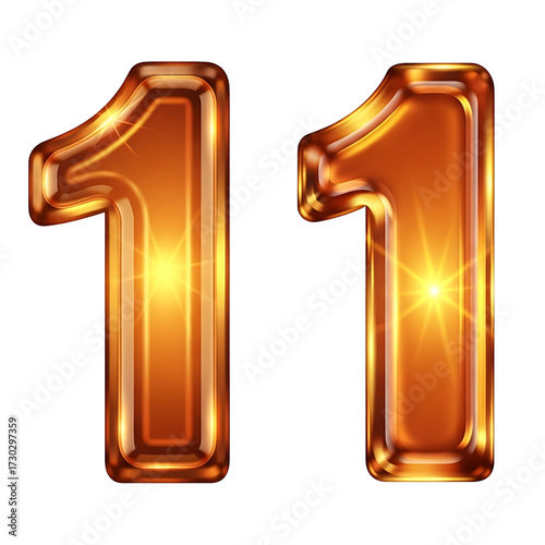 Sparkling crystal glass font number 11 with fiery orange glow for digital designs isolated on transparent background 