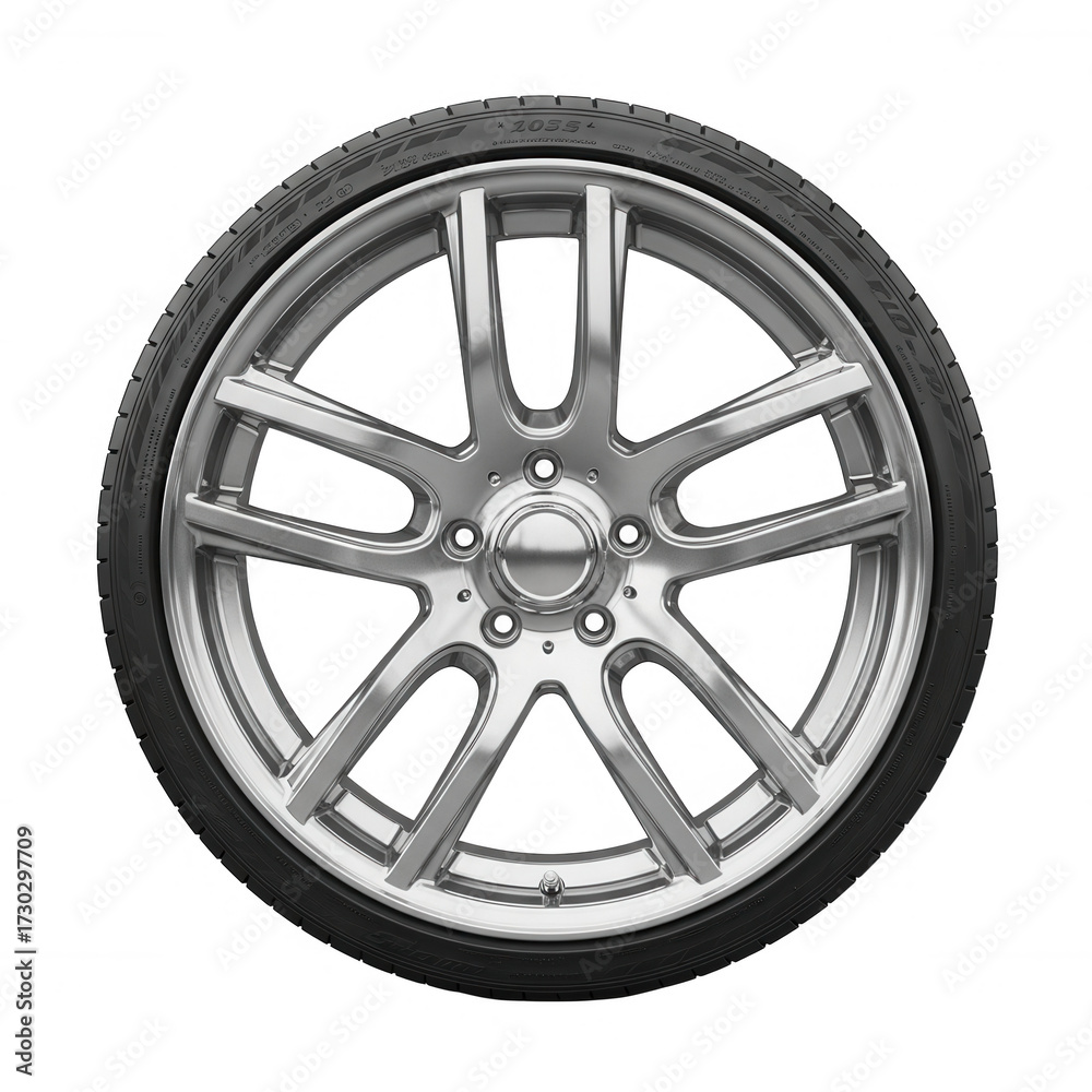 Obraz premium Gleaming silver alloy wheel with black tire isolated on a transparent background chrome