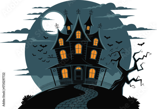 Haunted house on hill with glowing windows, spooky tree, flying bats, full moon night sky, creepy Halloween horror scene illustration
