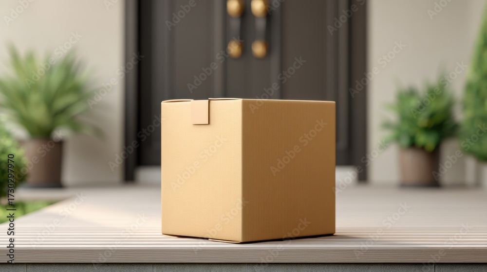Fototapeta premium Simple Brown Cardboard Box on Front Porch with Green Plants in Background and Elegant Door, Perfect for E-commerce and Delivery Conceptual Imagery