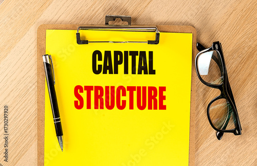 Clipboard with the words capital structure on bright yellow paper with pen and glasses on wooden desk