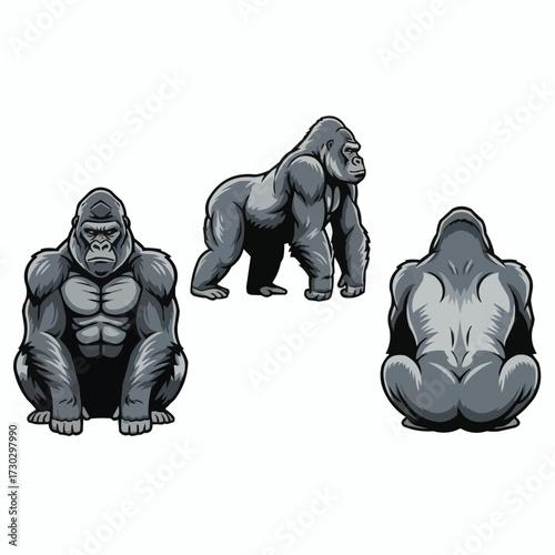 Powerful Gorilla Front Side Back View Isolated Vector Illustration Set
