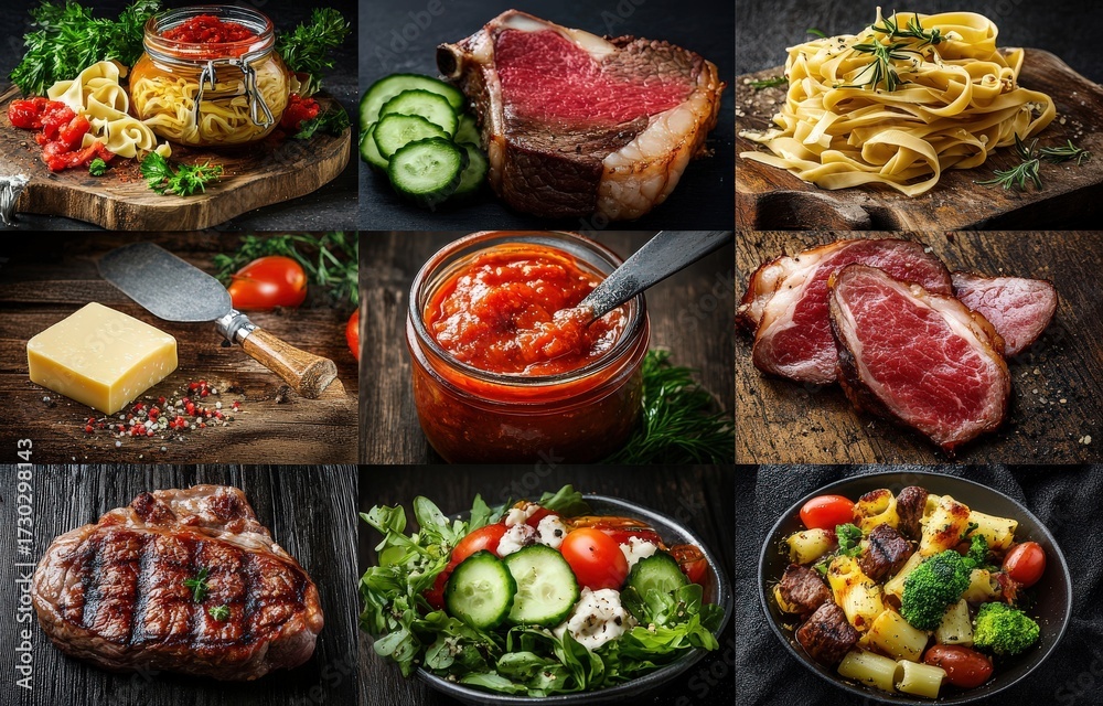 Fototapeta premium Culinary Collage: Pasta, Steak, Salad, and Tomato Sauce Showcase