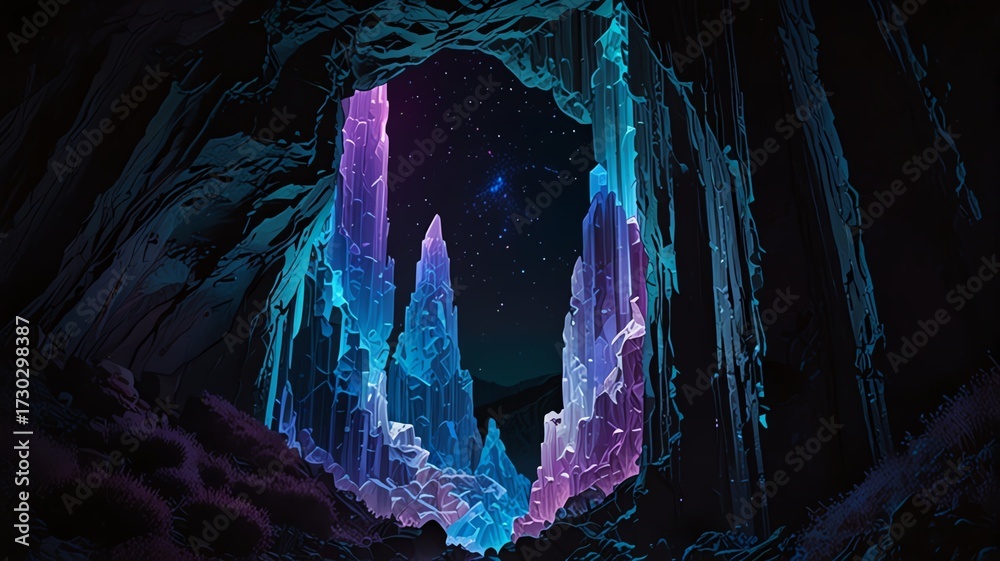 Fototapeta premium Glowing crystal cave with vibrant blue and purple formations, ethereal light, and rocky textures, perfect for fantasy and mystery themes.