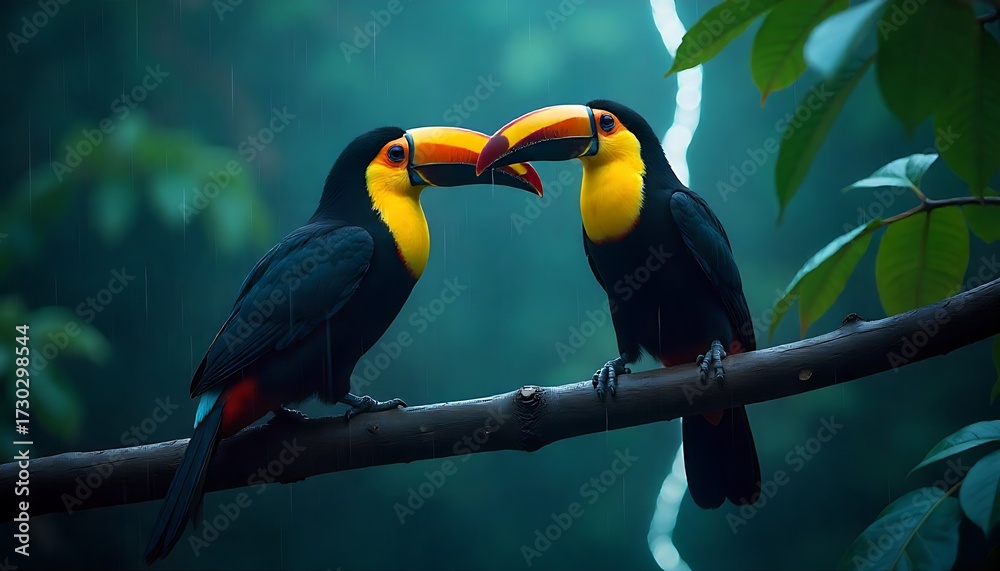 Obraz premium Two vibrant toucans perched on a branch in the rainforest, sharing a tender moment during a gentle rain shower
