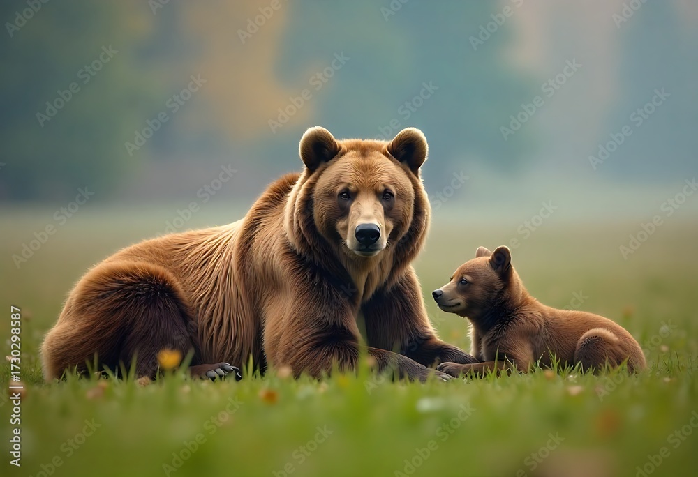 Obraz premium Brown bear and cub resting peacefully in lush green meadow, capturing a moment of family connection and wildlife beauty
