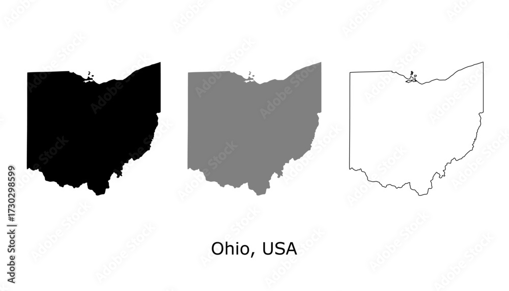 Obraz premium Ohio map set. Ohio USA map vector. Ohio map on silhouette, gray, and outline