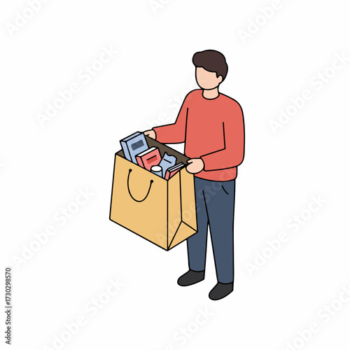 Isometric Line Illustration Man Holding Shopping Bag Full of Items Design