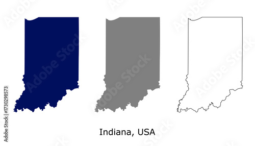 Indiana map set. Indiana USA map vector. Indiana map on navy, gray, and outline