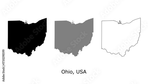 Ohio map set. Ohio USA map vector. Ohio map on silhouette, gray, and outline