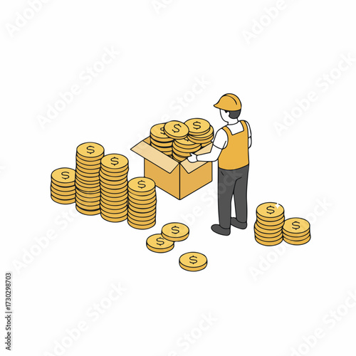 Isometric Handdrawn Worker Arranging Gold Coin Stack into Cardboard Box Illustration