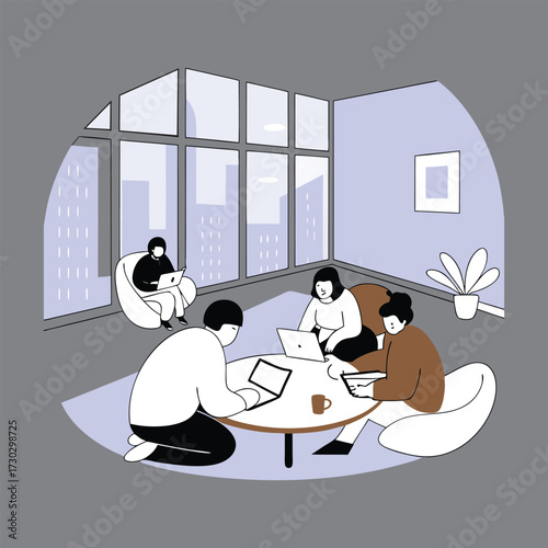 Vector art of team collaboration in a modern office space with a view of the city