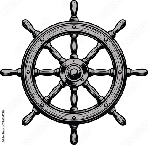 Vintage ship steering wheel illustration, nautical helm vector, marine navigation symbol, sailor control icon, ocean adventure design, retro maritime graphic art