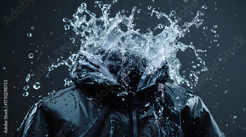 Dark-colored jacket is showcased under a forceful water spray, highlighting its waterproof properties in a dynamic visual.