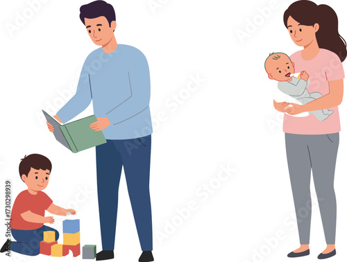 Family parenting scene, father reading book, mother holding baby, children learning, childcare, early education, family bonding