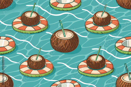 A seamless pattern of coconuts with straws floating in water.
