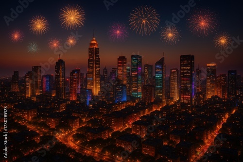 Breathtaking Cityscape at Night: Dazzling Fireworks Illuminate Skyscrapers in a Vibrant Urban Celebration Above a Skyline of Glittering Lights