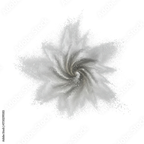 Ultra-macro of premium confectioners' sugar explosion, frozen mid-air in a dynamic starburst pattern, crystalline white powder on a transparent studio background. Scientific study of materials in