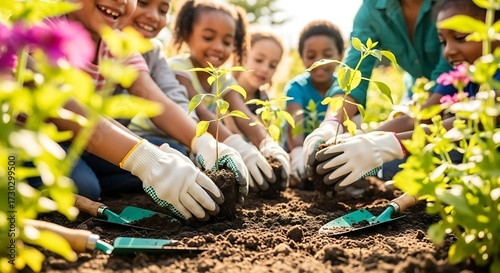 Fototapeta Naklejka Na Ścianę i Meble -  Diverse group of children happily planting seedlings in a sunny garden together.