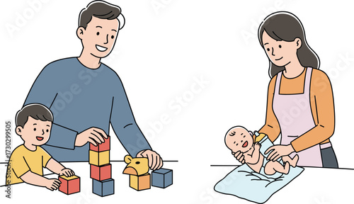 Father playing with child, mother changing baby, family parenting, childcare routine, early learning, nurturing love, home lifestyle