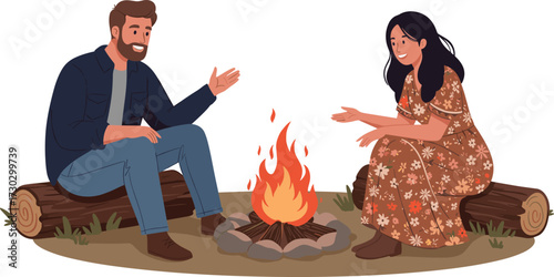 Friends sitting by campfire, outdoor conversation, camping lifestyle, evening relaxation, social gathering, nature leisure, travel adventure