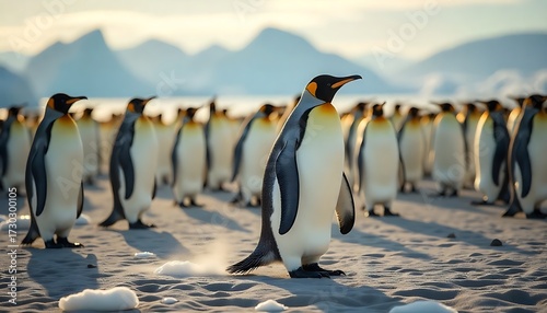 Majestic king penguins gather on a frosty beach with soft golden light illuminating the serene Antarctic landscape and distant mountains