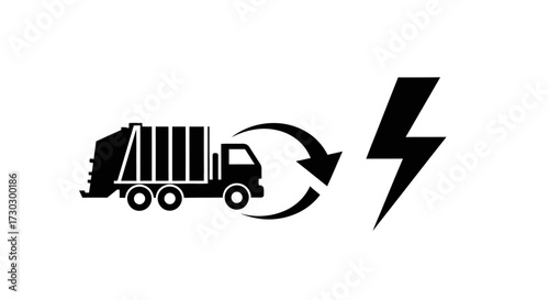 Garbage truck icon with recycling arrow and lightning bolt symbolizing energy transformation and sustainability