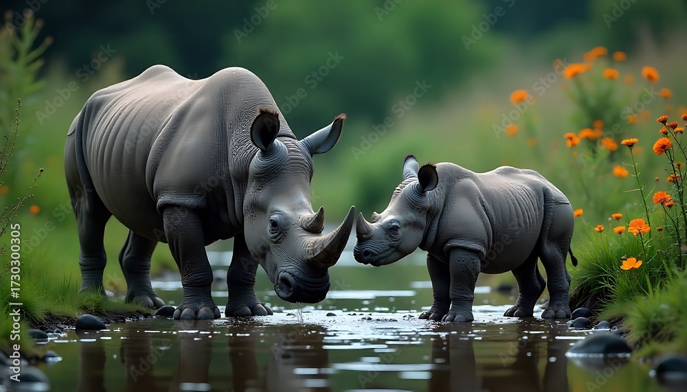 Fototapeta premium Majestic mother rhino and adorable calf drinking from a serene stream surrounded by vibrant wildflowers in a lush natural habitat
