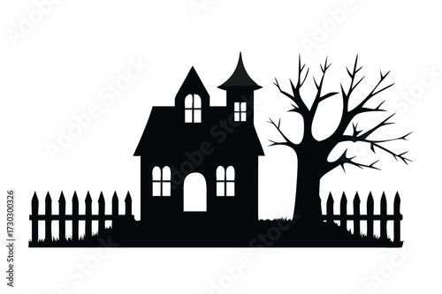 Spooky haunted house silhouette with bats and graveyard for halloween vector.