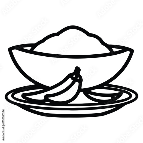 Outline drawing of bowl of cereal with banana slice on dish