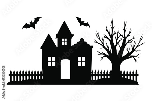Spooky haunted house silhouette with bats and graveyard for halloween vector.