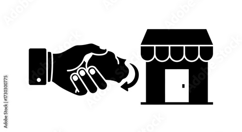 Hand exchanging money with store, representing business transaction, shopping, and consumerism in modern commerce