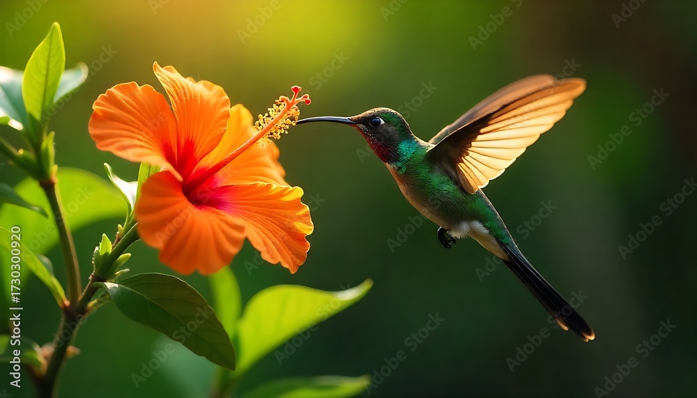 Fototapeta premium Vibrant hummingbird delicately sips nectar from a radiant orange hibiscus flower bathed in warm golden sunlight, a perfect moment of nature's beauty captured.