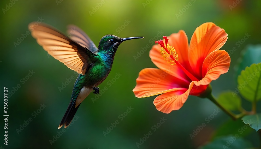 Fototapeta premium Vibrant hummingbird hovers near a blooming orange hibiscus flower, wings capturing golden light in a lush green garden setting.