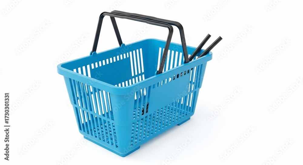 Fototapeta premium A light blue plastic shopping basket with black handles isolated on a white background studio shot