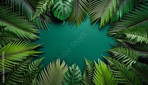 Tropical Green Leaf Frame on Teal Background Nature Botanical Copy Space