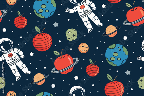 Cute space-themed illustration with astronauts, planets, apples and stars.