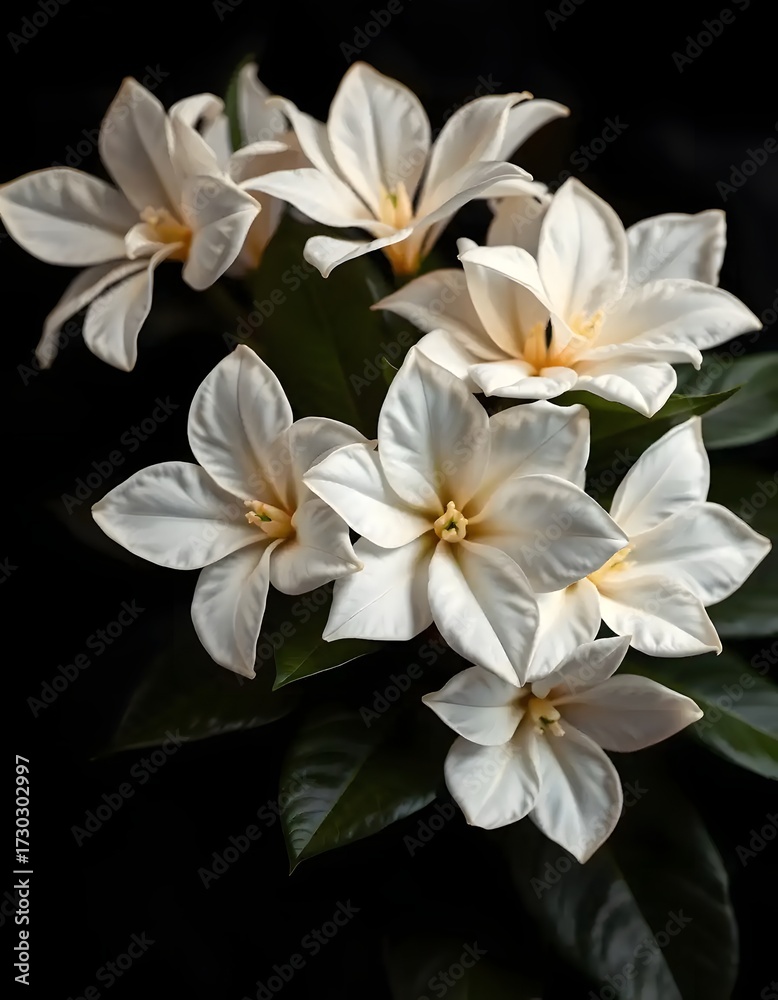 Obraz premium Pure White Gardenia Blossoms with Green Leaves