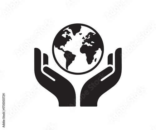Hands holding planet earth icon symbolizing global care and protection